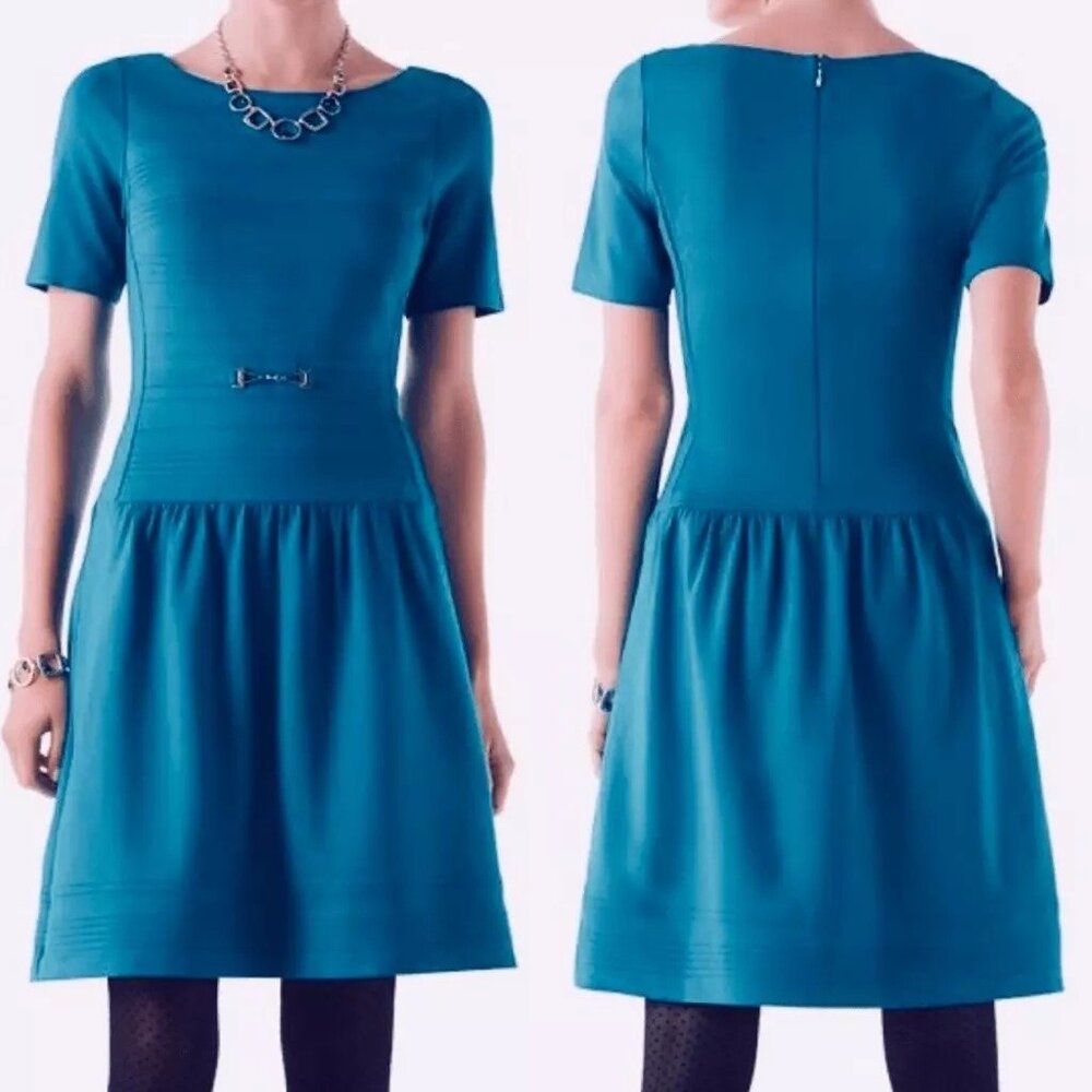 WHBM 6 Teal Blue Dress Ponte Pintuck Drop Waist Belted Short Sleeve Knee Length